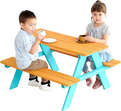 Teamson Kids - Wooden Outdoor Child Children Kids Picnic Table & Chair Bench Set - Brown/Aqua | Weather-Resistant Pine Wood, Seats 4 Children, Ideal for Backyard, Patio, Garden