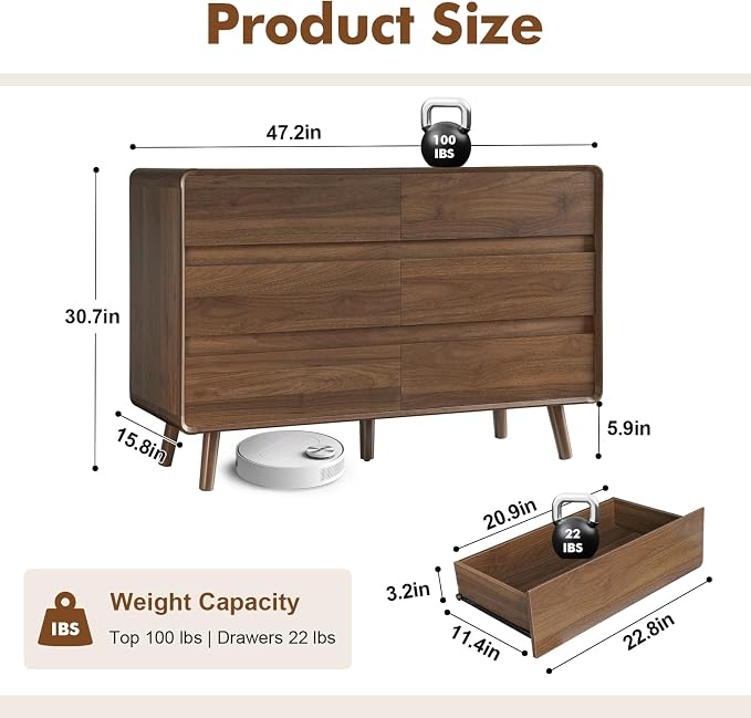 Nasonet 6 Drawer Dresser and Nightstands Set with Charging Station, Wood Mid-Century Modern Dresser and Nightstand 3 Pieces for Bedroom, Living Room, Walnut