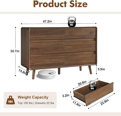 Nasonet 6 Drawer Dresser and Nightstands Set with Charging Station, Wood Mid-Century Modern Dresser and Nightstand 3 Pieces for Bedroom, Living Room, Walnut