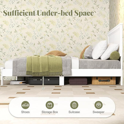 Giantex Wood Queen Platform Bed Frame with Headboard, Mid Century Bed Frame with Solid Wood Legs & Wooden Slat Support, No Box Spring Needed, White Bed