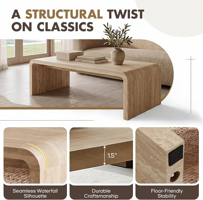 Hyfirm Modern Boho Faux Marble Coffee Table, 47" Travertine Pattern Waterfall Rectangular Center Table in a Scandinavian Style for Living Room with Sturdy Wood Frame, Thick Legs & Easy Assembly