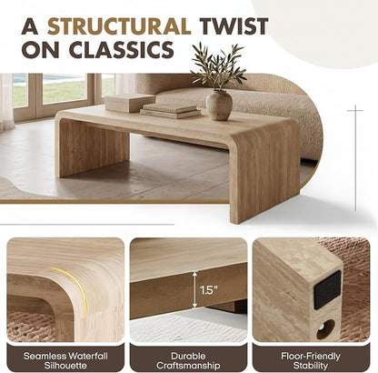 Hyfirm Modern Boho Faux Marble Coffee Table, 47" Travertine Pattern Waterfall Rectangular Center Table in a Scandinavian Style for Living Room with Sturdy Wood Frame, Thick Legs & Easy Assembly