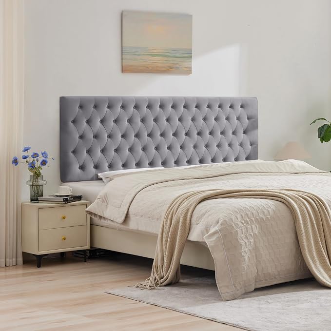 Upholstered Queen Headboard Only, Premium Velvet Button Tufted Headboards, Adjustable Solid Wood Head Board, Padded Headboard with Solid Wood Legs in Bedroom (Gray)