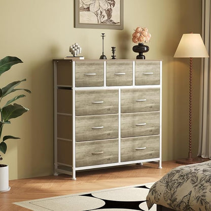OLIXIS 9 Drawer Storage Dresser with Wood Top - Wide Fabric Chest Organizer for Bedroom, Closet, Living Room,Tower Cabinet, TV Stand, Hallway Entryway Furniture,Oak Greige