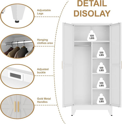 Metal armoire Wardrobe Closet with Hanging Rod,71'' Metal Wardrobe Cabinet with 2 Doors and 4 Adjustable Shelves, Bedroom armoires,Laundry Room cabinets,armario de ropa Closet(Modern, White)