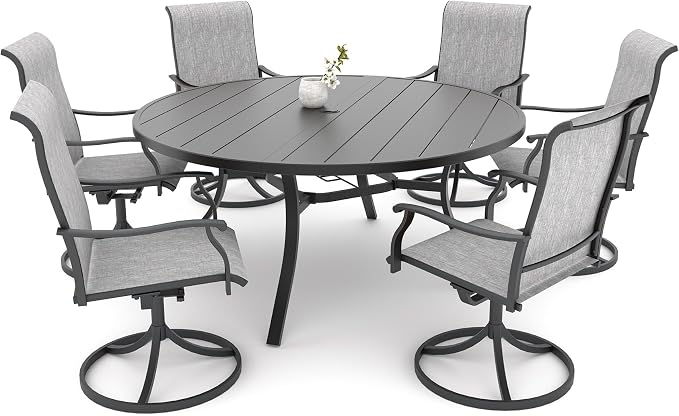 Patio Table and Chairs Set for 6 Person,54"x 54"x 28" Round Steel Slat Outdoor Table with 6 Breathable Textilene Swivel Chairs for Deck/Backyard/Poolside/Garden
