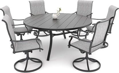 Patio Table and Chairs Set for 6 Person,54"x 54"x 28" Round Steel Slat Outdoor Table with 6 Breathable Textilene Swivel Chairs for Deck/Backyard/Poolside/Garden