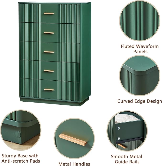 Fluted 5 Drawers Dresser for Bedroom, 47" Tall Modern Chest of Drawers with Metal Handle, Wooden Dresser TV Stand, Wood Closet Clothes Storage Organizer for Living Room, Hallway, Green