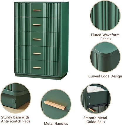 Fluted 5 Drawers Dresser for Bedroom, 47" Tall Modern Chest of Drawers with Metal Handle, Wooden Dresser TV Stand, Wood Closet Clothes Storage Organizer for Living Room, Hallway, Green