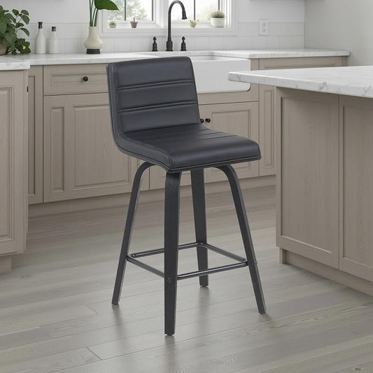 Vienna Modern Counter Height Swivel Bar Stool with Black Faux Leather Seat and Black Brushed Wood Frame Set of 3