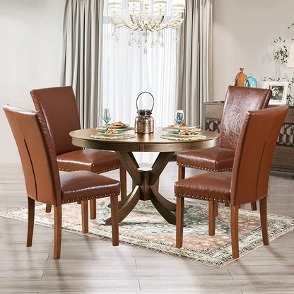 Parsons Dining Chairs Set of 4, Upholstered Nailhead PU Leather Dining Room Kitchen Side Chair with Thick Cushions and Wood Legs, Light Brown
