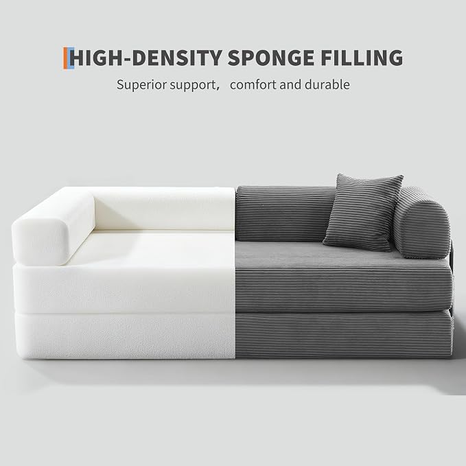 IDEALHOUSE 4 in 1 Convertible Sleeper Sofa Bed Couch, 79 Inch Boneless Corduroy Floor Couch with Pillows, No Assembly, Modern Deep Seat Sofa Futon Mattress for Living Room,Apartment,Gray