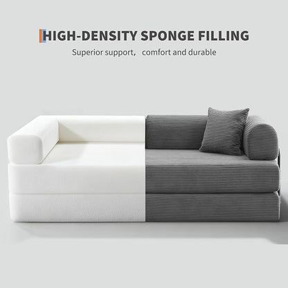 IDEALHOUSE 4 in 1 Convertible Sleeper Sofa Bed Couch, 79 Inch Boneless Corduroy Floor Couch with Pillows, No Assembly, Modern Deep Seat Sofa Futon Mattress for Living Room,Apartment,Gray