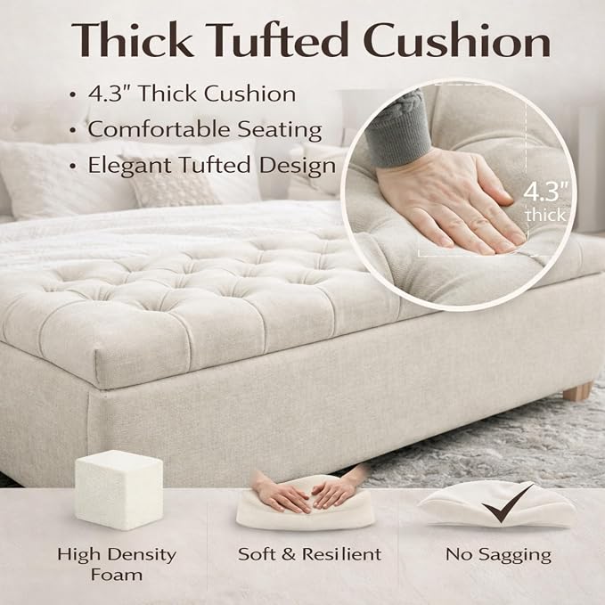 60.2" Storage Bench, End of Bed Storage Benches, Chenille Fabric Upholstered Ottoman Bench with Safety Hinge for Living Room Entryway Bedroom Hallway