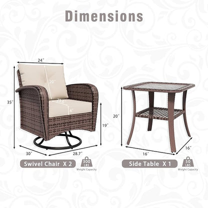 3 Piec Patio Bistro Set with 2 Rocking Chairs & Table, 360° Swivel PE Wicker Outdoor Furniture, Heavy-Duty Steel Frame,Weatherproof Cushions, Beige