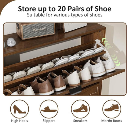 Shoe Cabinet Storage for Entryway with 2 Flip Drawers, Narrow Shoe Cabinet with Black Handles for Entryway, Hidden Slim Shoe Organizer Rack, 31.5" w x 9.45" D x 39" H