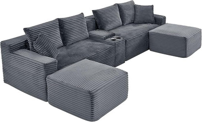 127" U-Shaped Cloud Sectional Couch Oversized Modular Compressed Boneless Sectional Sofa with Ottoman Chaise Lounges & Console, Plush Corduroy Boneless Symmetrical Sofa
