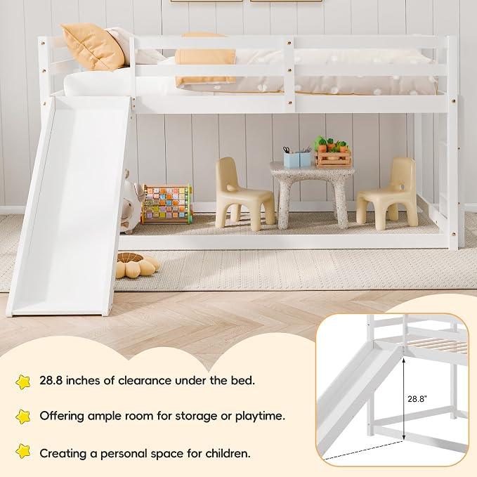Bunk Bed with Slide, Wooden Bed Frame for Kids, Low Loft Bunk Bed Twin Over Twin with Ladders, Safety Guardrails for Kids, Toddlers, Boys, Girls, Teens, Bedroom (White)
