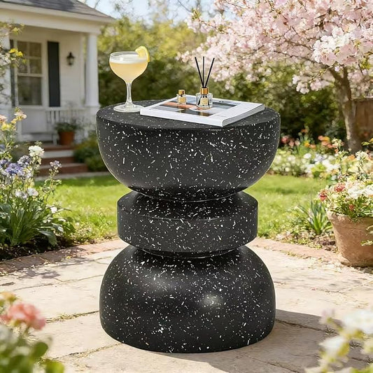 18" H Modern Black Side Table for Living Room, Decorative Terrazzo Finish MGO Outdoor End Table, Versatile as Coffee Table, Stool, Plant Stand, Weather-Resistant for Garden Patio Deck Use