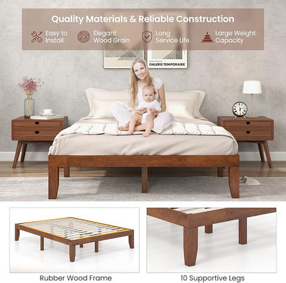 KOMFOTT 14 Inches Wood Platform Bed Frame Queen Size, Wooden Mattress Foundation with Rubber Wood Frame, Strong Wooden Slat Support, No Box Spring Needed, Bed Frame (Brown Cherry)