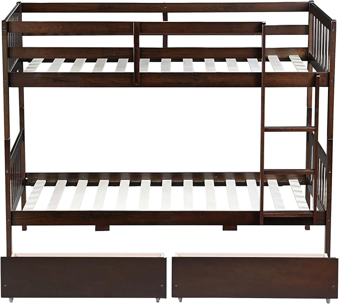 Harper & Bright Designs Twin Over Twin Bunk Bed with 2 Drawers, Convertible into 2 Twin Beds, Twin Bunk Bed with Ladder and Safety Guardrails, Espresso