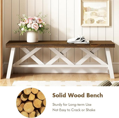 Wnutrees 54" Farmhouse Wood Bench, Rustic Solid Wood Entryway Bench Seat with Double X-Structure for Dining Area Living Room Hallway, Structural Stability, White