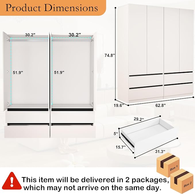 Armoire Wardrobe Closet with Drawers：75" Large White Wardrobe Closet Cabinet with 4 Doors for Hanging Clothes, Modern Wooden Bedroom Armoires with 4 Drawers and Storage (A+A, 63")