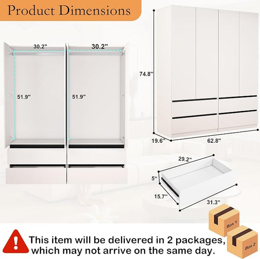 Armoire Wardrobe Closet with Drawers：75" Large White Wardrobe Closet Cabinet with 4 Doors for Hanging Clothes, Modern Wooden Bedroom Armoires with 4 Drawers and Storage (A+A, 63")