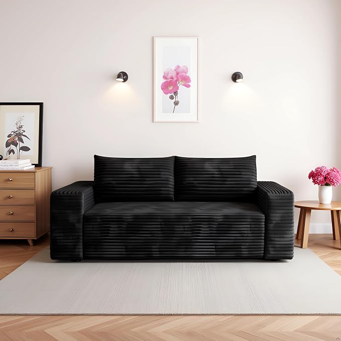 JINGLING 63" Small Couches for Small Spaces | Boneless Couch in a Box: Compressed Sofa | Apartment Furniture Love Seat for Living Room & Bedroom | No Assembly | Corduroy | Black