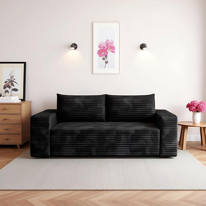 JINGLING 63" Small Couches for Small Spaces | Boneless Couch in a Box: Compressed Sofa | Apartment Furniture Love Seat for Living Room & Bedroom | No Assembly | Corduroy | Black