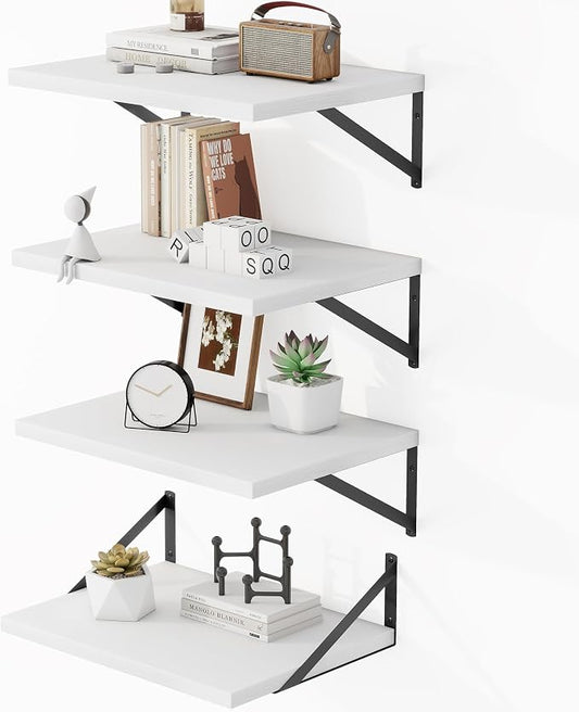 Heimlove 12 Inch Deep Floating Shelves for Wall, 16W x 12D Wide White Floating Shelves Heavy Duty Wall Mounted Shelves, Wood Wall Shelves for Living Room Bedroom Bathroom Kitchen- Set of 4