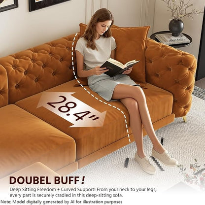 97.7'' Pull Out Sofa Bed King, Chesterfield Velvet Sleeper Sofa, Convertible L-Shaped Futon Couch, Tufted Back, Ottoman, Deep Seat Loveseat Couches for Living Room, Apartment, Orange