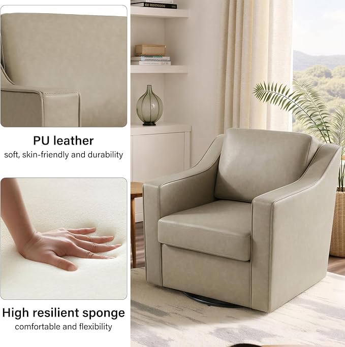 Swivel Accent Chair, Modern Round Barrel Arm Chair for Living Room, Bedroom, Comfy Club Reading Chairs for Adults (Leather Cream, Set of 1)