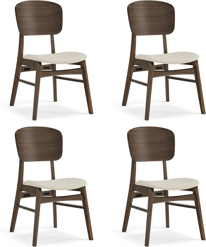 KISLOT Wooden Dining Chairs Set of 4, Upholstered Modern Dining Room Chairs, Mid Century Oak Kitchen Chairs with Ergonomic Wood Backrest for Farmhouse, Restaurant, Café (Cream Fabric & Walnut Color)