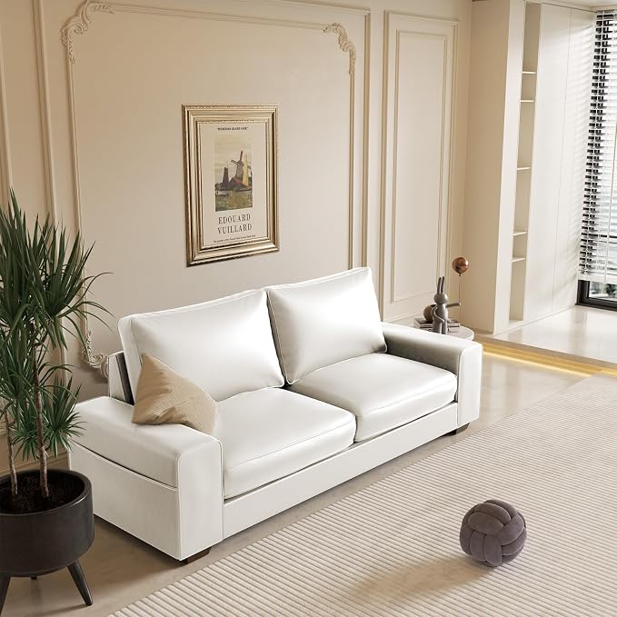 Valthie Faux Leather Couch, Mid Century Modern Comfy Loveseat Sofa with Wide Arm, Side Pockets, Solid Wooden Frame for Office, Living Room and Bedroom, 3 Seater (White, 88.58 inches)