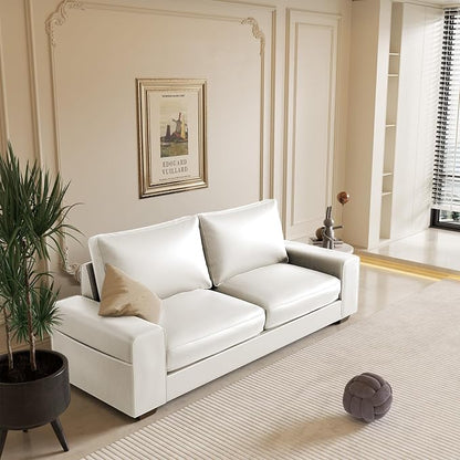 Valthie Faux Leather Couch, Mid Century Modern Comfy Loveseat Sofa with Wide Arm, Side Pockets, Solid Wooden Frame for Office, Living Room and Bedroom, 3 Seater (White, 88.58 inches)
