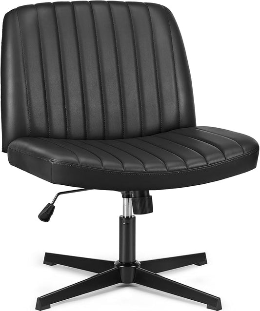 OLIXIS Criss Cross Legged Chairs No Wheels, Wide Seat Height Adjustable Swivel Chair,Padded PU Leather Armless Desk Chair for Home Office Bedroom, Student, Study Room,Black-Pu