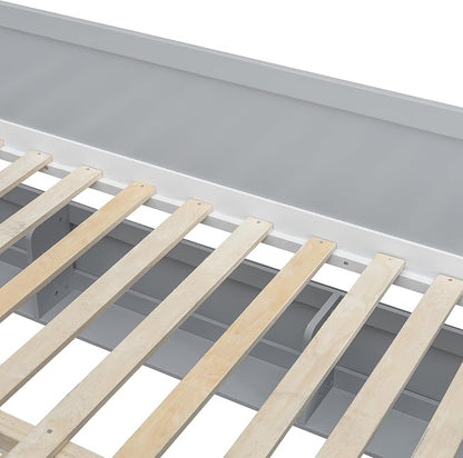 Wood Bunk Bed Full XL Over Queen with Staircase and Side Shelves | Light Strip Included, Striped-Design Stairs, Kids Teens Adults, Space-Saving Design, Versatile Bed Frame