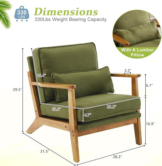 VINGLI Solid Wood Wide Armrests Accent Chair Set of 2,Upholstered Mid Century Modern Chair with Pillow,Farmhouse Arm Chair Comfy Reading Chair,Chairs Living Room,Bedroom,Guest Room,Linen Fabric,Green