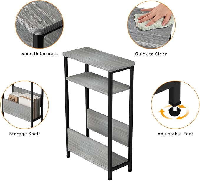 THUMEYE 7.1" Narrow Side Table for Small Spaces, 3 Tier Small End Table with Magazine Holder, Slim/Skinny Nightstand/Bedside Table for Living Room, Bedroom, 15.4" L x 24.2" H, Gray