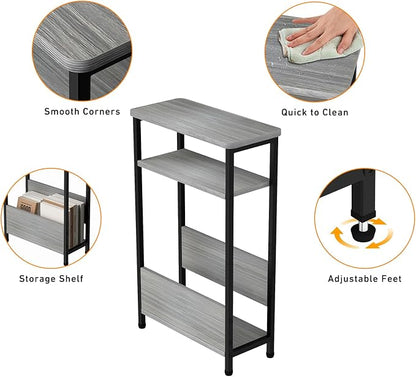 THUMEYE 7.1" Narrow Side Table for Small Spaces, 3 Tier Small End Table with Magazine Holder, Slim/Skinny Nightstand/Bedside Table for Living Room, Bedroom, 15.4" L x 24.2" H, Gray