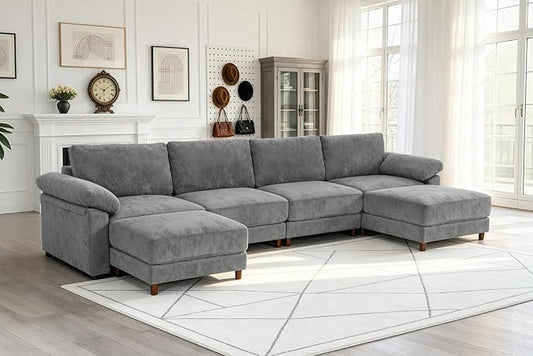 Oversized L Shaped Sectional Couch for Living Room, Extra Large Deep Seat Modular Sectional Sofa with Washable Covers, Modern Cloud Couch for Apartment, Bedroom (Light Gray, U Shape 6 Seat)