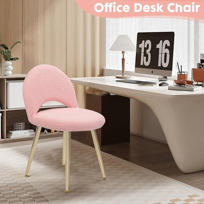 Vanity Chair with Backrest, Boucle Upholstery Armless Makeup Stool, Pink Vanity Stool with Gold Metal Legs for Bedroom Living Room Kitchen Dinning Room (Gold and Pink)