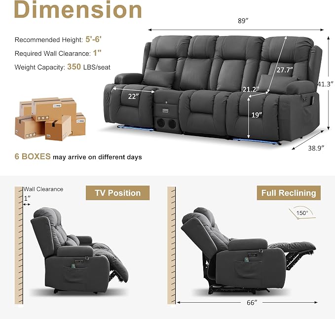 URRED Power Loveseat Recliner Sofa with Massage and Heat, Wall Hugger Reclining Loveseat with Console, RV Couch Home Theater Seating with LED Lights for Living Room (Gray, 89.8" - 3 Seats)