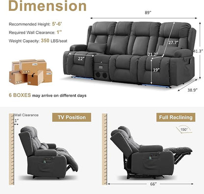 URRED Power Loveseat Recliner Sofa with Massage and Heat, Wall Hugger Reclining Loveseat with Console, RV Couch Home Theater Seating with LED Lights for Living Room (Gray, 89.8" - 3 Seats)