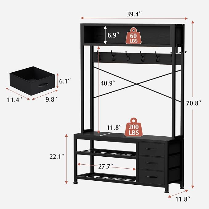 Lulive Hall Tree with 3 Drawers, Industrial Entryway 39.4" Coat Rack Shoe Bench, Freestanding Mudroom Organizer with 12 Hooks, Top Shelf Storage (Black)