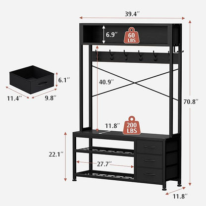 Lulive Hall Tree with 3 Drawers, Industrial Entryway 39.4" Coat Rack Shoe Bench, Freestanding Mudroom Organizer with 12 Hooks, Top Shelf Storage (Black)