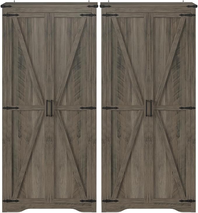Befrases Set of 2 Farmhouse Rustic Grey Storage Cabinet with Adjustable Shelves, Large Pantry Organize with 2 Barn Doors, Tall Freestanding Cabinet for Kitchen, Bathroom, Garage, Living, Utility Room