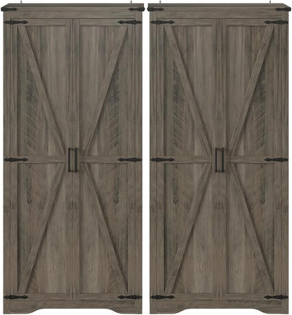 Befrases Set of 2 Farmhouse Rustic Grey Storage Cabinet with Adjustable Shelves, Large Pantry Organize with 2 Barn Doors, Tall Freestanding Cabinet for Kitchen, Bathroom, Garage, Living, Utility Room