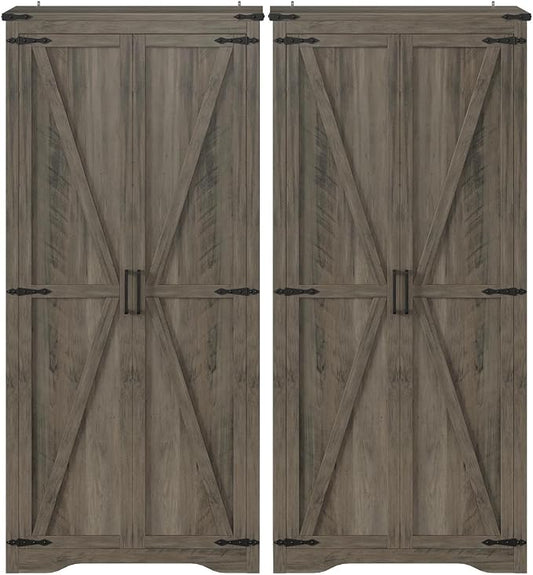 Befrases Set of 2 Farmhouse Rustic Grey Storage Cabinet with Adjustable Shelves, Large Pantry Organize with 2 Barn Doors, Tall Freestanding Cabinet for Kitchen, Bathroom, Garage, Living, Utility Room
